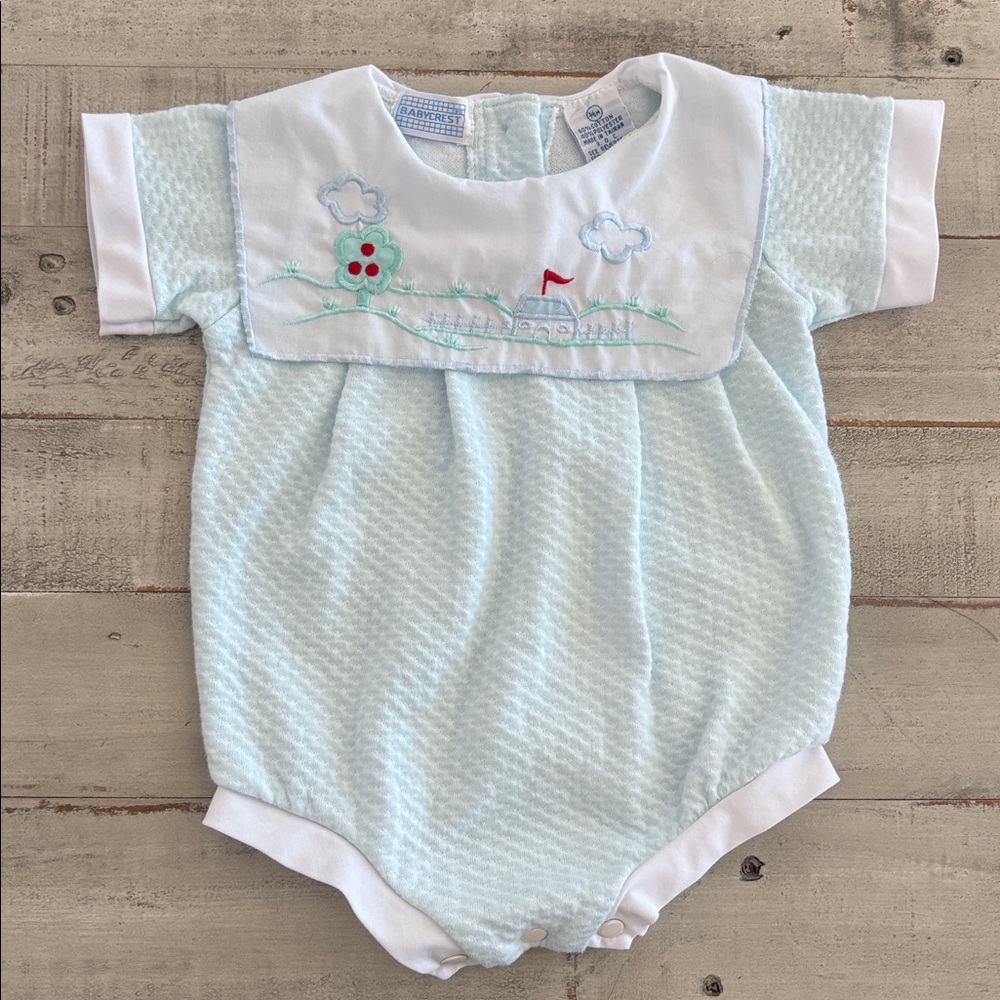 Babycrest Vintage Blue Baby Romper with Embroidered Sailor Collar